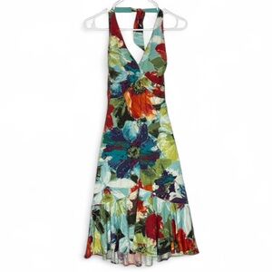 Vintage Cache Bold Watercolor Floral Backless Halter Dress